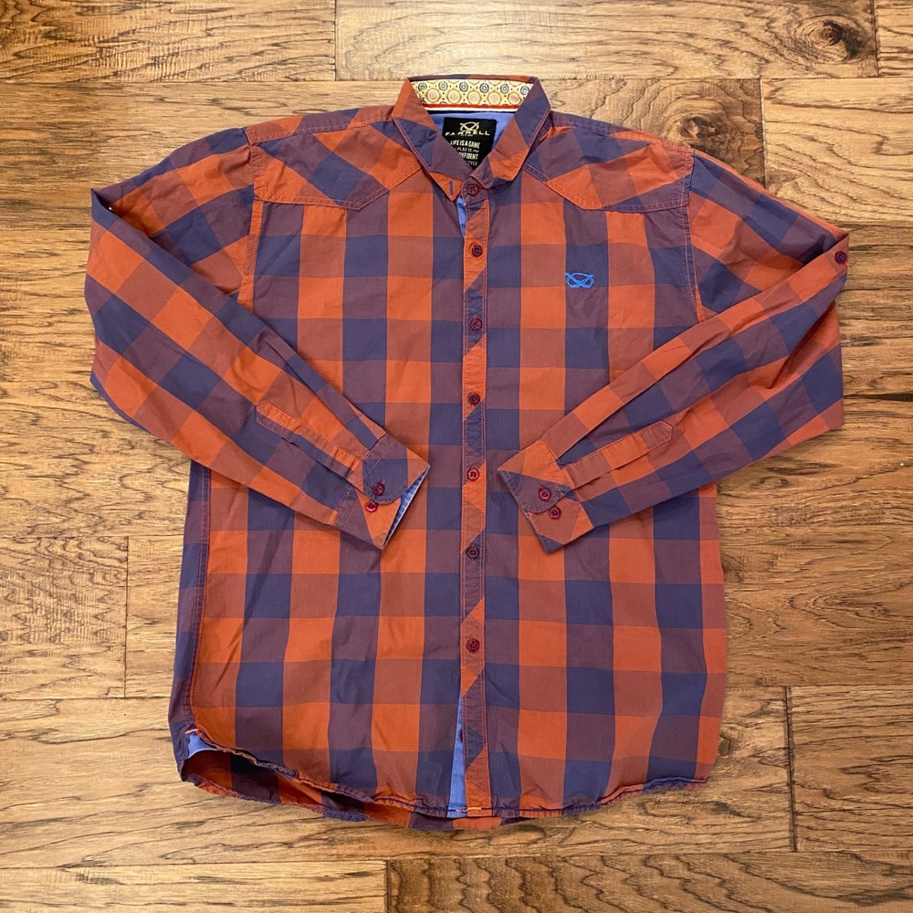 Farrell Button Down Shirt Mens XL Orange Purple Plaid Western Yoke Long Sleeve